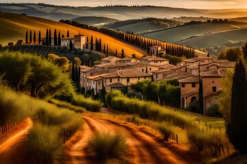 Fototapeta na wymiar Tuscan road near Siena at sunset, a quaint village on a hillside, the warm hues of the setting sun illuminating the terracotta rooftops, olive groves in the background