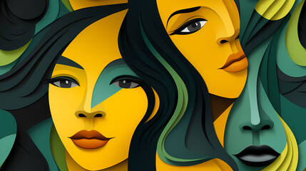 Abstract face of a beautiful woman seamless illustration, pattern in the style of Colorful Minimalism