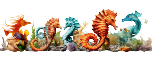Collection of seahorse (hippocampus) and starfish (asteroidea), isolated on transparent background.