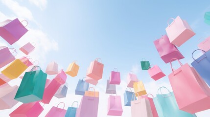An avalanche of pastel colored shopping bags, bursting with energy and positivity. uplifiting vibe, super colorful and fun, very abundant and playful. white background. studio lighting,