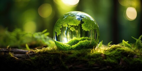 An award-winning color photograph of a crystal globe glass on moss in a green forest, symbolizing...