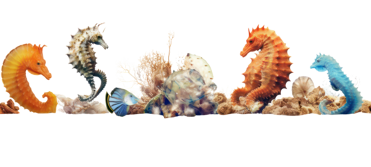 Collection of seahorse (hippocampus) and starfish (asteroidea), isolated on transparent background.