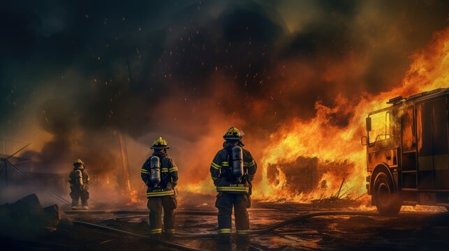 At the scene of a fire, firefighters are trying their best to put out the fire, with smoke billowing in the background, surrounding blur, van gogh style, 4K, HDR 