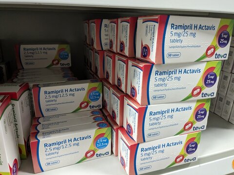 Prague,Czech republic-January 8 2024: box of RAMIPRIL Actavis Czech medication with ramiprilum active substance made by pharmaceutical company Actavis