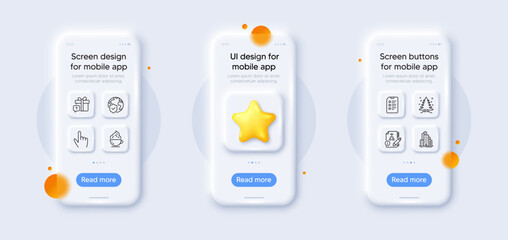 Christmas tree, Checklist and Algorithm line icons pack. 3d phone mockups with star. Glass smartphone screen. Coffee cup, Skyscraper buildings, World insurance web icon. Vector