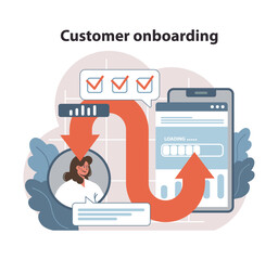Customer onboarding concept. Efficient digital process guiding a new user through initial setup, ensuring smooth transition with interactive interface steps. Streamlined introduction. Flat vector. - obrazy, fototapety, plakaty