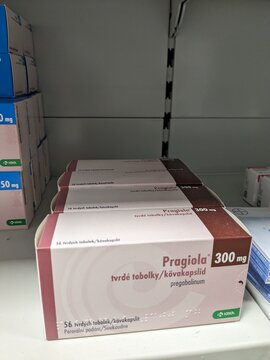 Prague,Czech republic-January 8 2024: box of PRAGIOLA Czech medication with pregabalin active substance made by pharmaceutical company KRKA