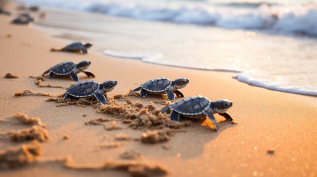 Many baby turtles on the sandy beach and crawl to the ocean