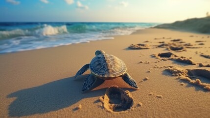On the sandy beach, a loggerhead sea turtle is crawling towards the sparkling ocean, leaving a...