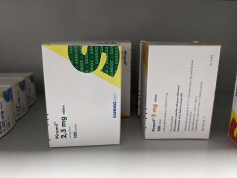 Prague,Czech republic-January 8 2024: box of  PIRAMIL Czech medication with ramipril active substance made by pharmaceutical company SANDOZ
