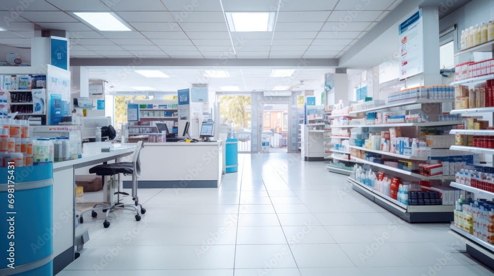 Poster Photo of inside pharmacy shop, shelves with many medicine and otc products, ultra photo realistic