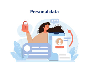 Personal data protection concept. Woman holds a digital padlock near a user profile, ensuring cybersecurity and privacy. Upward arrow indicates rising security measures. Flat vector illustration