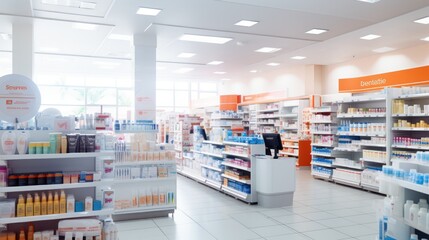 Photo of inside pharmacy shop, shelves with many medicine and otc products, ultra photo realistic