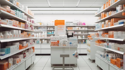 Fotobehang Photo of inside pharmacy shop, shelves with many medicine and otc products, ultra photo realistic © sambath