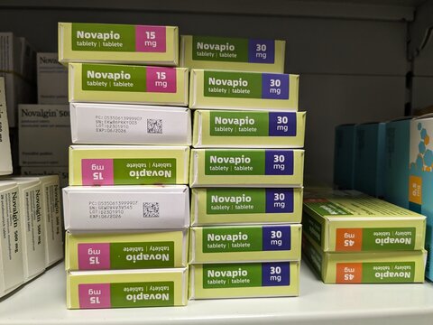 Prague,Czech republic-January 8 2024: box of Novapio Czech medication with Pioglitazon active substance made by pharmaceutical company Novatin