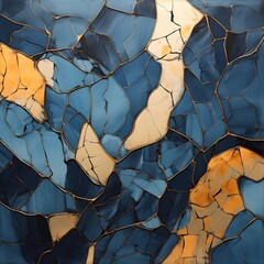 An abstract geometric artwork composed of fragmented shapes and gold lines, reminiscent of kintsugi-repaired ceramics, conveying unity and harmony amidst fragmentation