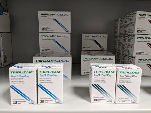 Prague,Czech republic-January 8 2024: box of TRIPLIXAM Czech medication with active substance combination Perindopril,Indapamid,Amlodipin, made by pharmaceutical company