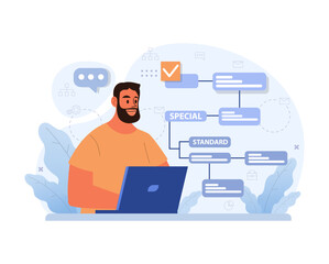 Divergent thinking concept. Man at laptop navigates decision pathways, contrasting Standard and Special routes. Choices, flowchart, strategy. Flat vector illustration