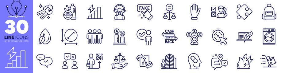 Video conference, Timer and Fake information line icons pack. Agent, Fire energy, Backpack web icon. Keys, Cashback card, Justice scales pictogram. People voting, Opinion, Water drop. Vector