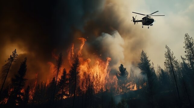 A strong forest fire, fir trees, pine trees are burning, a fire helicopter is circling over the burning forest, hyperrealistic image nikon 50mm 
