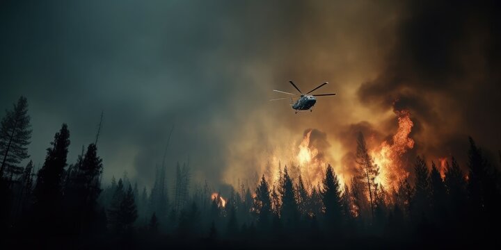 A strong forest fire, fir trees, pine trees are burning, a fire helicopter is circling over the burning forest, hyperrealistic image nikon 50mm