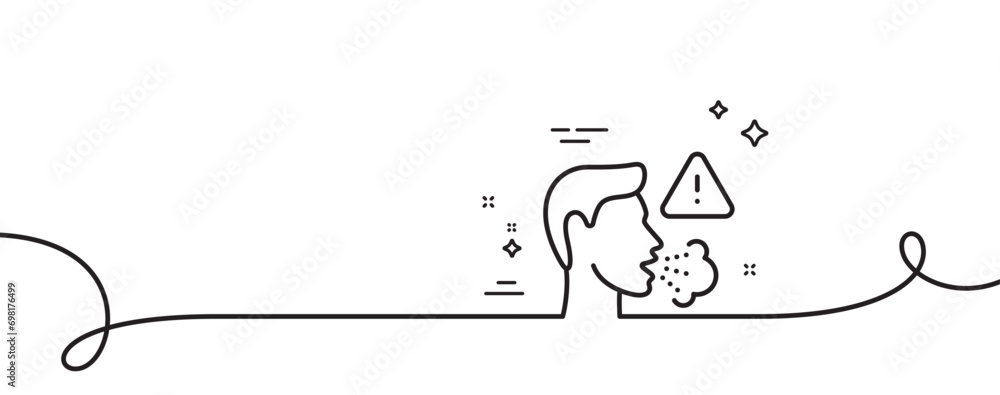 Poster cough line icon. continuous one line with curl. coronavirus symptom sign. flu, sneeze or pneumonie s
