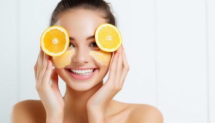 happy smiling woman applying orange vitamin c facial serum mask on face