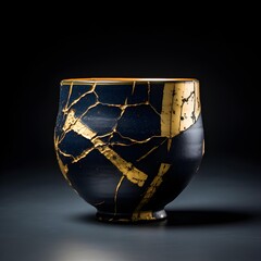 A pottery cup isolated in dark. kintsugi