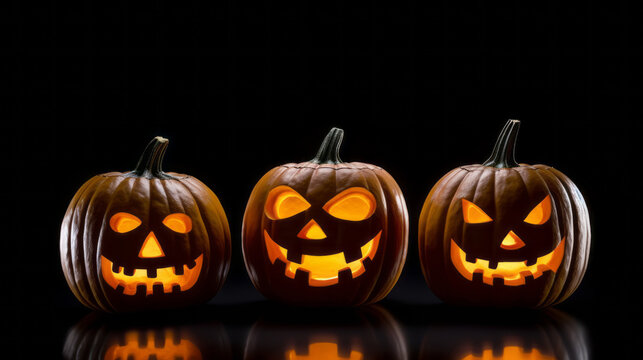 Three glowing Halloween pumpkins on black background. Decoration for horrifying party. A holiday of fear and horror. 