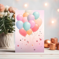 birthday card with balloons and gift box on wooden table