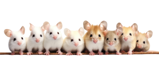 Collection of funny cute lying, sitting white mouse (mus) family with baby, isolated on transparent background