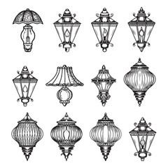 Vintage Islamic Lantern Vector Set Elegant Hand-Drawn Ink Sketches for Holiday Greetings, Arabian Culture and Eastern Celebration