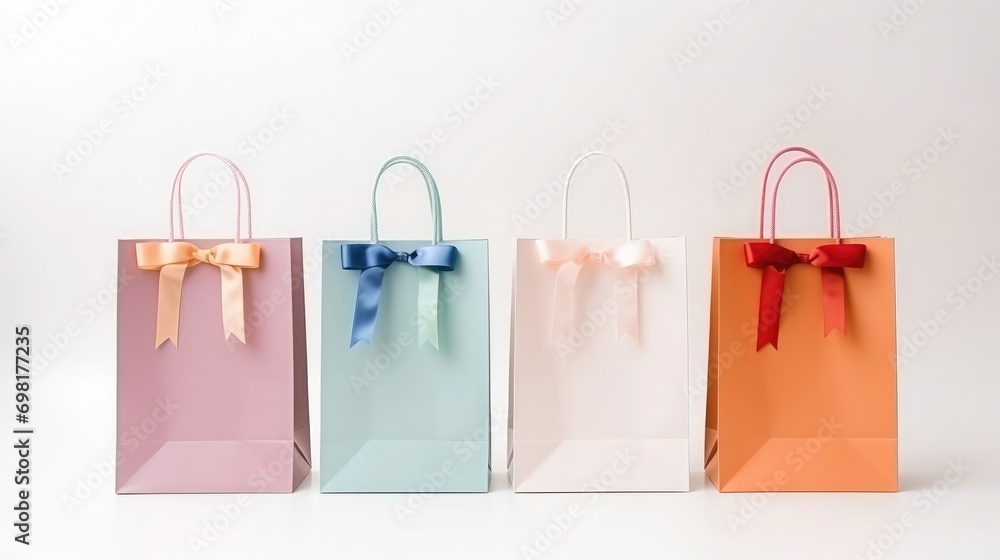 Wall mural colorful shopping paper bags with ribbons on white background, high quality photo, 8k