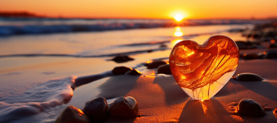 Heart shaped amber on sand on the beach at sunset