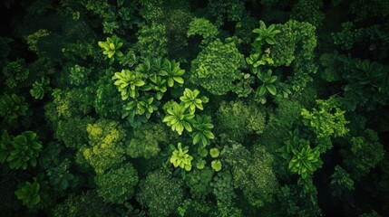 From a bird's eye view, we can see a green forest with many different kinds of trees and plants, macro photography, Tropical, 64K, high detail