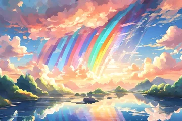 Foto op Canvas Anime drawing of colorful clouds and a rainbow on the sky.  © Muzamil