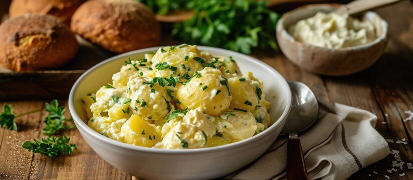 Potato salad with condiments and dressing, served with Passover buns.