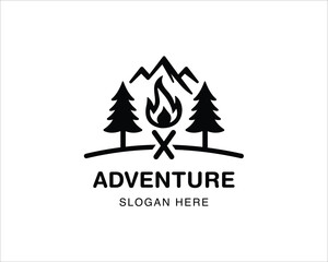 Obraz premium outdoor adventure logo. mountain, fire silhouette badge. camping and hiking logo design