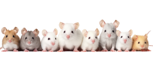 Collection of funny cute lying, sitting white mouse (mus) family with baby, isolated on transparent background