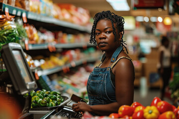 Afro american woman with purchases near the cash register at a grocery store.  - obrazy, fototapety, plakaty