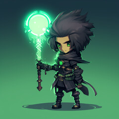 apocalyptic illustration, green energy swirl, caped hero holding his light staff