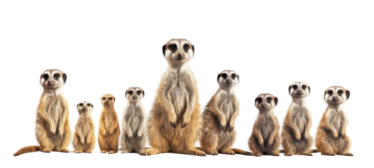 Collection of funny cute crazy laughing lying, jumping, standing, sitting meercat (suricata suricatta), isolated on transparent background.