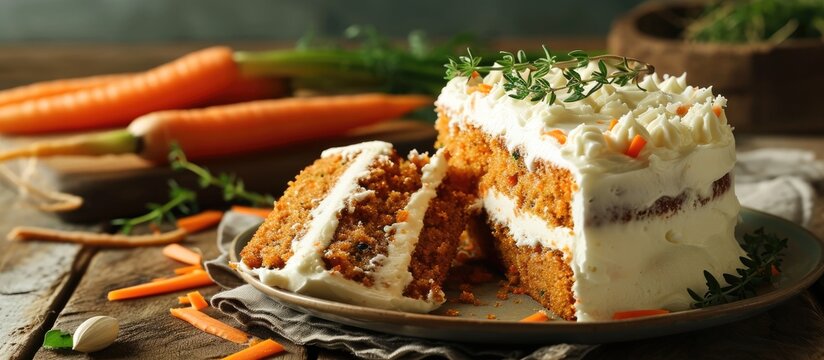 Carrot cake and fresh carrot displayed on table.
