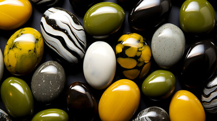 Pebble chocolate marble candies in yellow, green, white, grey and black colors. Elegant array of almond-shaped chocolate candies in monochrome shades. Mix of sleek chocolate almonds - obrazy, fototapety, plakaty