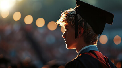 Educational theme, graduating student in academic gown.