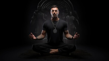 White male, lean physique without tattoo, meditating in lotus position wearing black t-shirt, black pants, black nike sneakers, arms outstretched, white background, clear image, realistic - obrazy, fototapety, plakaty