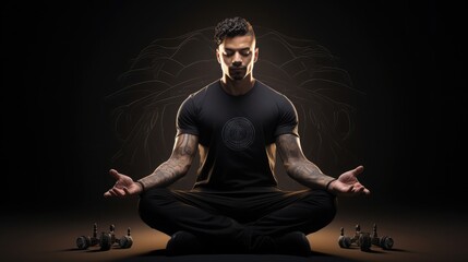 White male, lean physique without tattoo, meditating in lotus position wearing black t-shirt, black pants, black nike sneakers, arms outstretched, white background, clear image, realistic, 