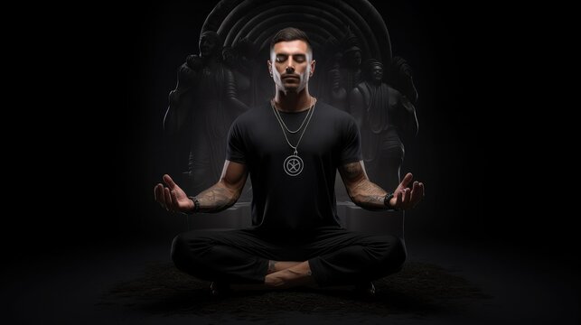 White male, lean physique without tattoo, meditating in lotus position wearing black t-shirt, black pants, black nike sneakers, arms outstretched, white background, clear image, realistic