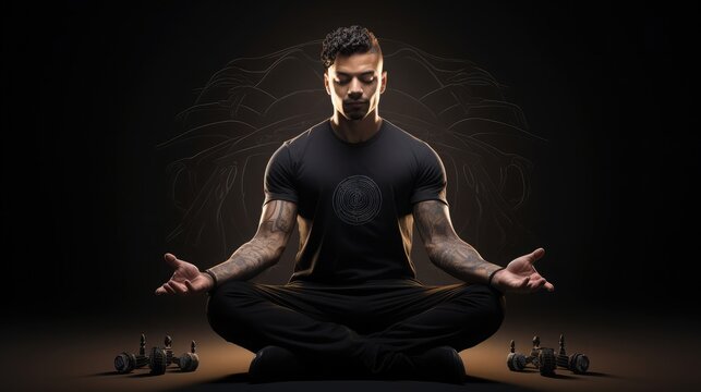 White male, lean physique without tattoo, meditating in lotus position wearing black t-shirt, black pants, black nike sneakers, arms outstretched, white background, clear image, realistic, 