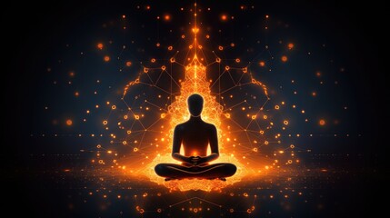 Fototapeta na wymiar Yoga lotus pose, icon shaped with orange neural connection lines and glowing dots,binary, background, copy space